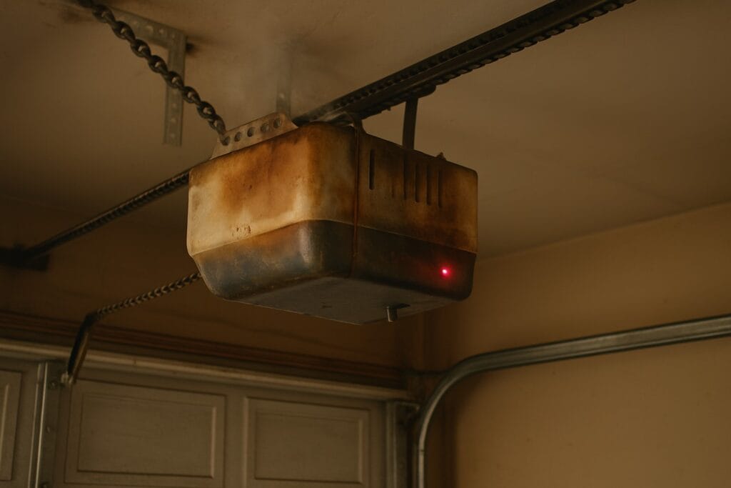 burned garage door opener unit with smoke damage and warning light, indicating malfunction or electrical failure.