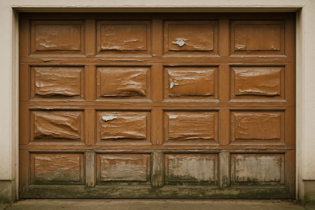 Damaged wooden garage door with peeling paint in need of garage door repairs.