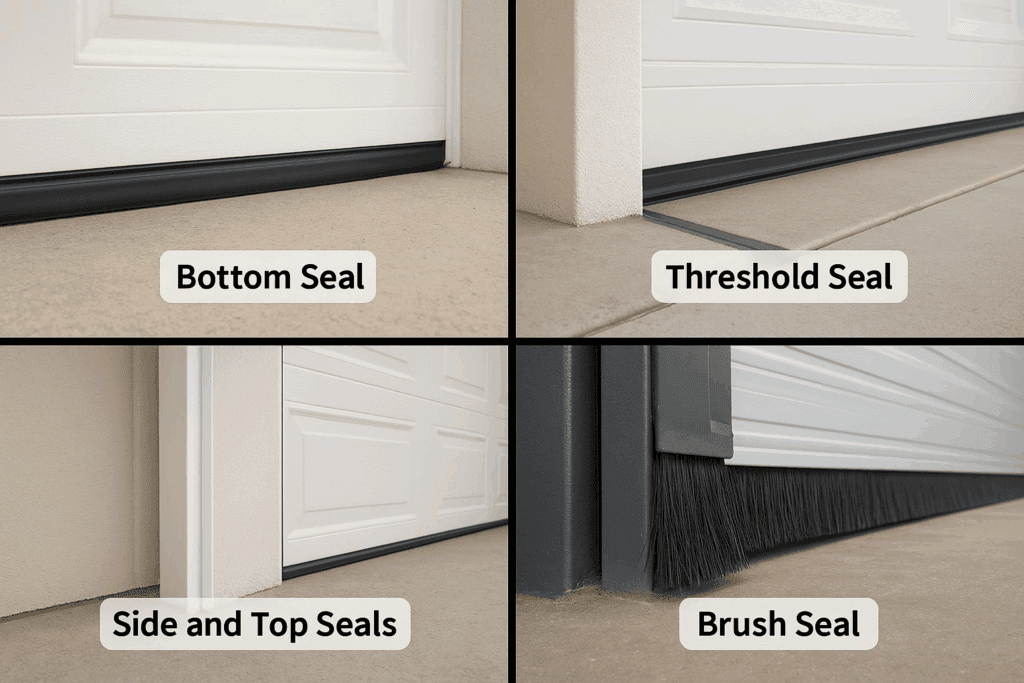 Different types of garage door weather stripping including bottom seal, threshold seal, side and top seals, and brush seal.