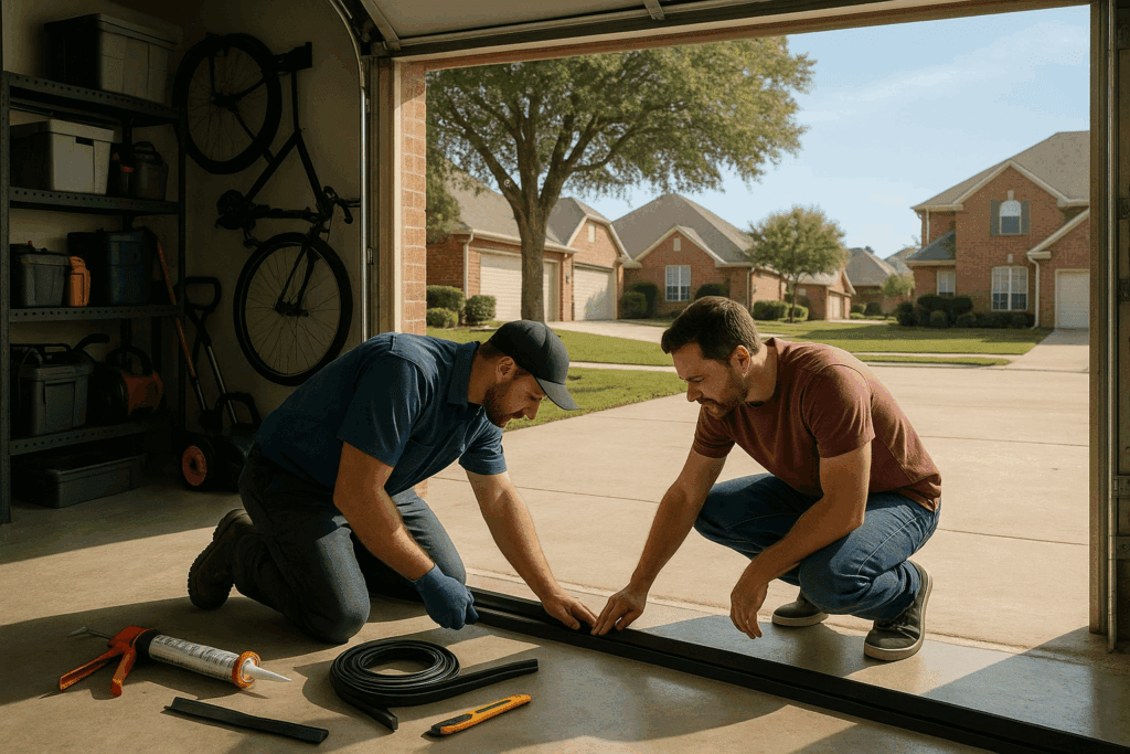 Two men installing garage door weather stripping inside a garage to improve insulation and energy efficiency.