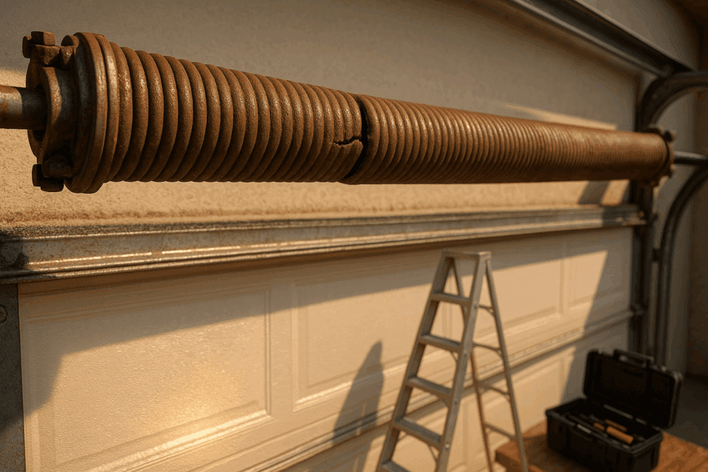 Close-up of cracked rusty torsion spring above garage door with tools nearby, showing urgent need to repair garage door.