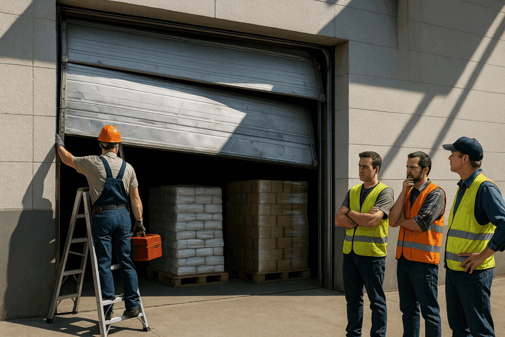 Technician inspecting damaged warehouse door with team watching during commercial garage door repair.