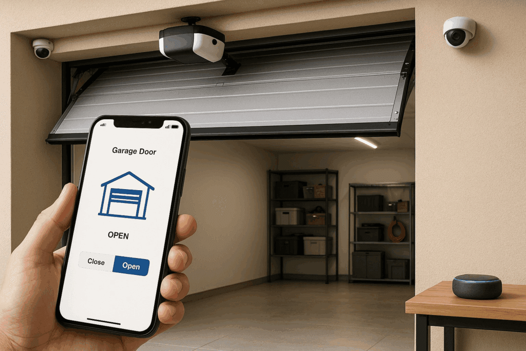Smartphone app remotely opening modern garage doors with security cameras.