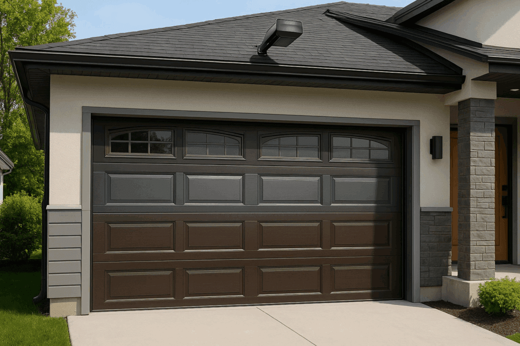 Brown modern garage doors with stylish windows on residential home.