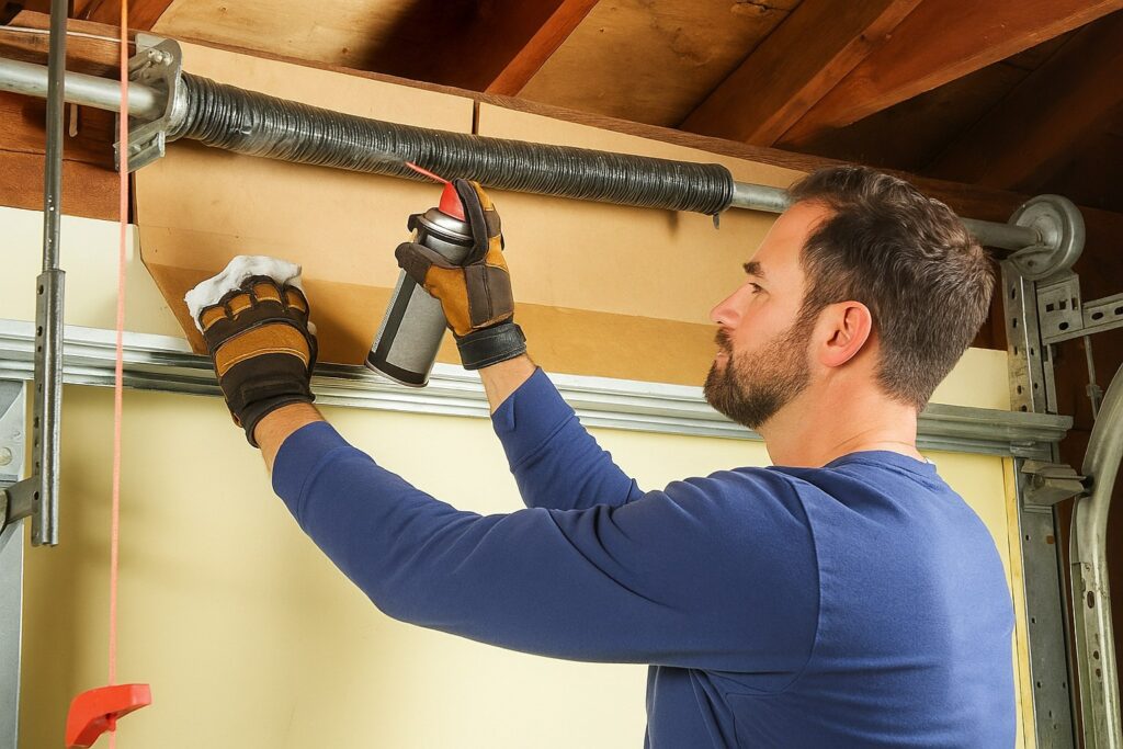 Technician performing a garage door tune-up, lubricating the torsion spring to reduce friction and ensure smooth door movement.
