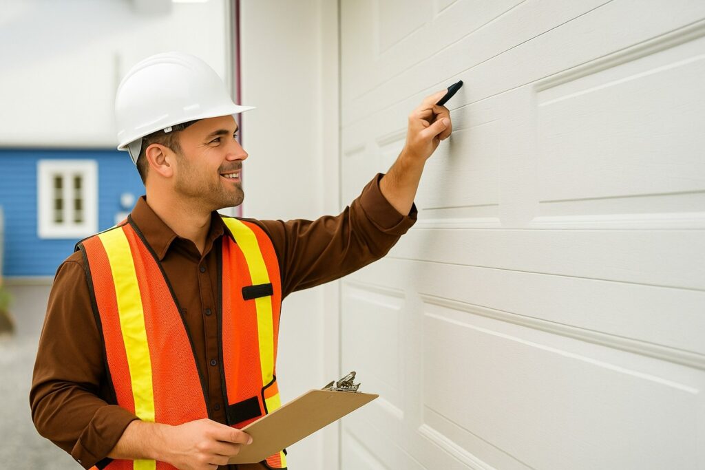 echnician performing a garage door tune-up, inspecting the door surface and components for proper alignment and safety.