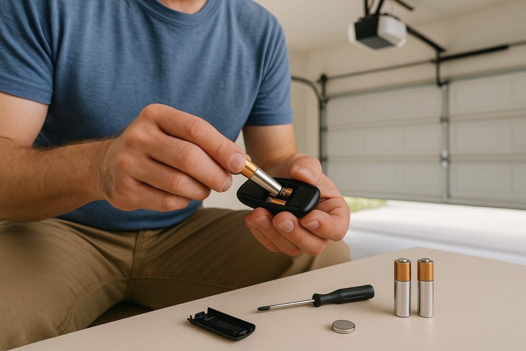 Garage door repair tip showing battery replacement in a garage door remote.